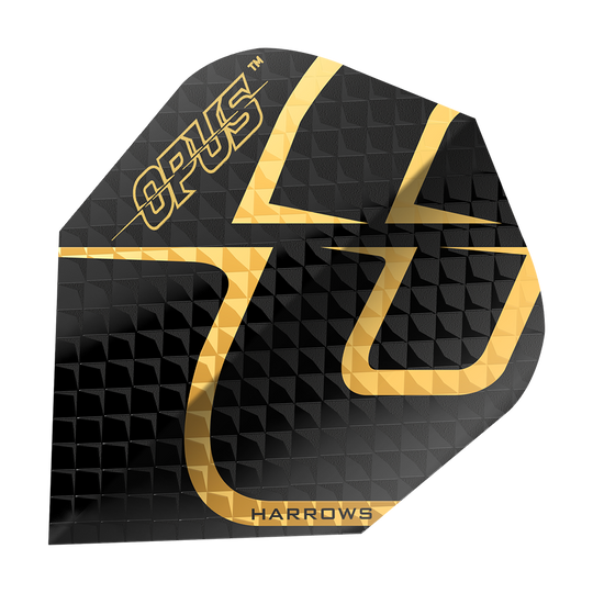 Lety Harrow's Opus verze 2 Das Bild zeigt das Produkt "Harrows Opus Version 2 Flights". Die Darts-Flight ist schwarz mit einem goldenen Muster und dem Schriftzug "OPUS" und "HARROWS".