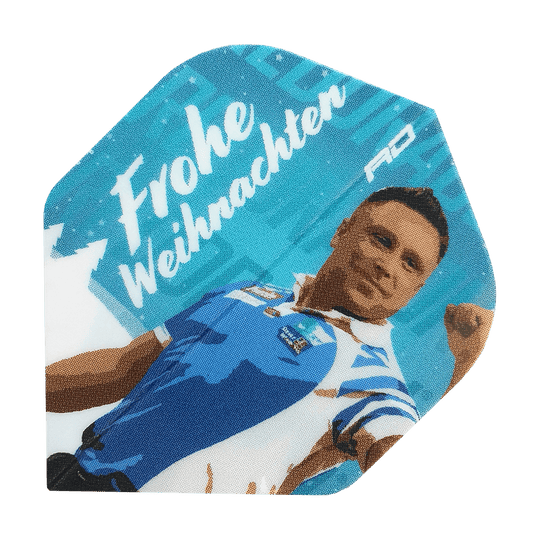 WF-8_Red_Dragon_Merry_Christmas_Flights_Gerwyn_Price_Blue_1Kqth51WVQQWFY Das Bild zeigt ein Dart Flight mit dem Motiv von Gerwyn Price in blauer Kleidung. Oben steht der Schriftzug "Frohe Weihnachten" auf dem Flight.