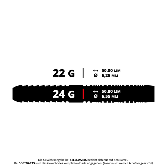 Fléchettes en acier parallèles Red Dragon Recon Das Bild zeigt Steeldarts mit dem Namen 'Recon Parallel' von Red Dragon. Die Darts wiegen 24 Gramm.