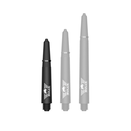 Bulls NL Capo Carbon Shafts - Schwarz Ein Bild mit dem Dateinamen BU55340_BullsNL_Capo_Carbon_Shafts_Schwarz_Short_34mm_1. Zu sehen ist wahrscheinlich ein kurzer schwarzer Carbon-Shaft für Darts.