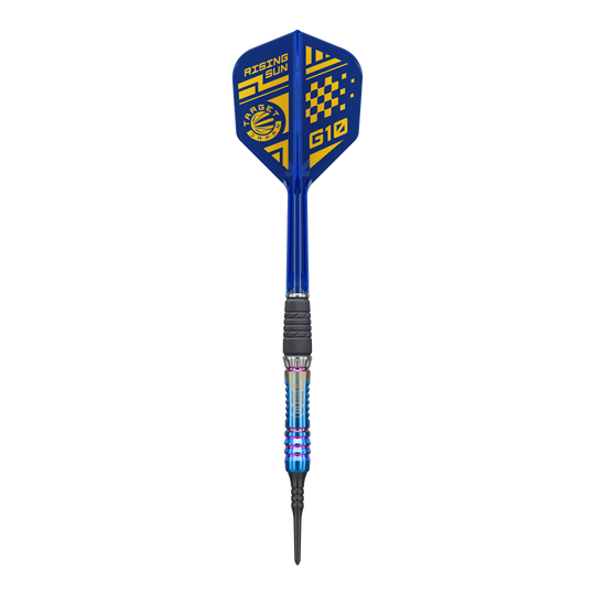 Dieses Bild zeigt den Target Japan Rising Sun GEN10 Softdarts mit 21,5g. Der Dart besticht durch seine auffällige Gestaltung und hervorragende Verarbeitung.