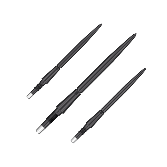 Końcówki do lotek Target Swiss Storm Point - czarne Auf dem Bild sind drei schwarze Dartspitzen zu sehen. Sie sind lang, schmal und haben ein glänzendes, metallisches Ende.