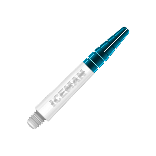 C634_Red_Dragon_Nitrotech_Gerwyn_Price_Shafts_White_36mm_2 Das Bild zeigt einen weißen Dartshaft mit der Aufschrift "ICEMAN" darauf. Am oberen Ende ist der Shaft transparent blau gefärbt.