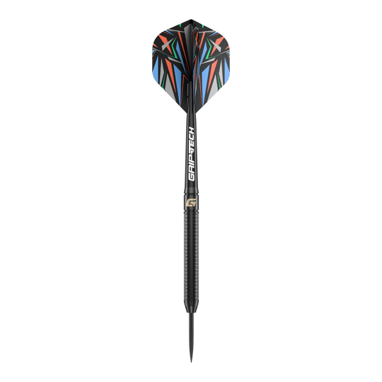 Freccette in acciaio GOAT Athlete in ottone nero - 13 g Das Bild zeigt einen GOAT Athlete Black Brass Steeldart mit einem Gewicht von 13g. Der Dart hat eine schwarze, gerändelte Spitze und bunte Flights mit geometrischem Muster.
