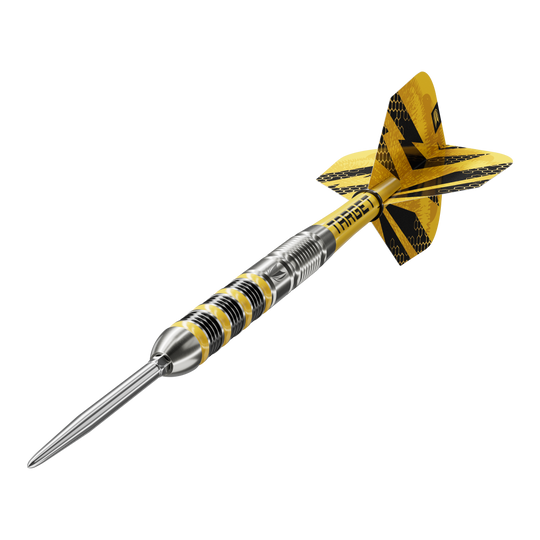 Target Buzz 01 Swiss Points Steeldarts Das Foto zeigt Target Buzz 01 Swiss Points Steeldarts. Sie bieten eine gute Griffigkeit und Präzision beim Wurf.