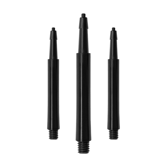 Das Bild zeigt drei schwarze Harrows Clic Standard Shafts. Diese Schäfte sind für den Einsatz bei Darts bestimmt.