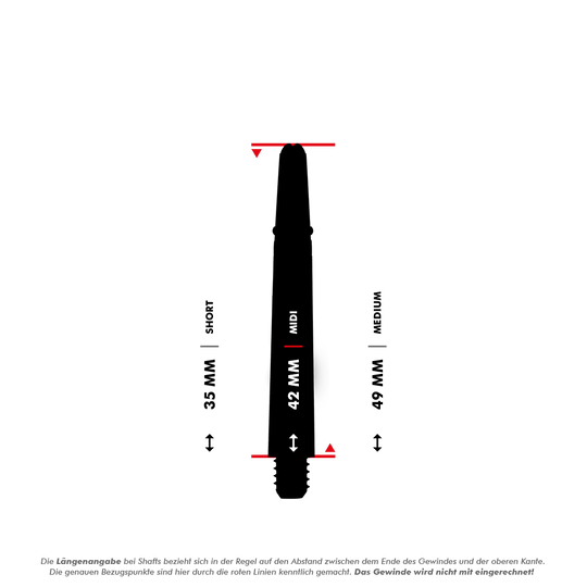 _Harrows_Carbon_360_Shafts_5_42mm29gjepPhijpB1 Das Bild zeigt eine Dartshaft mit drei verschiedenen Längenangaben: 35 mm (Short), 42 mm (Midi) und 49 mm (Medium). Die Messpunkte für die Längen sind durch rote Linien markiert, und das Gewinde wird nicht mit einberechnet.