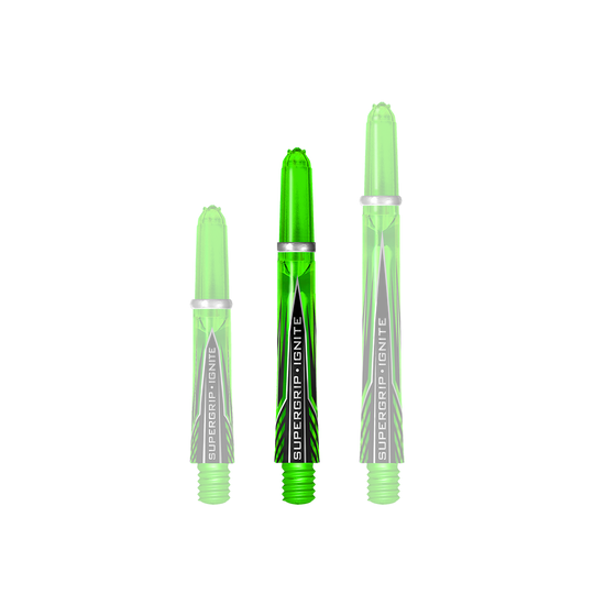 HR390_Harrows_Supergrip_Ignite_Shafts_Gr-n_40mm_1 Das Bild zeigt drei grüne Harrows Supergrip Ignite Shafts in unterschiedlichen Längen. Die Shafts sind glänzend und haben ein modernes Design mit schwarzem Schriftzug.