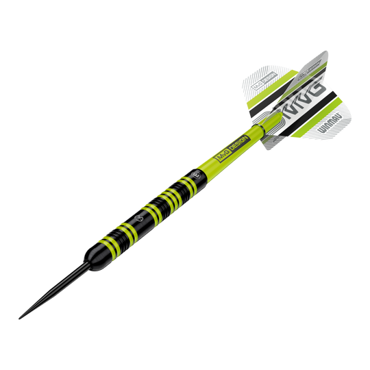 Fléchettes en acier Winmau Michael Van Gerwen 85 Pro-Series Das Bild zeigt einen Winmau Michael Van Gerwen 85 Pro-Series Steeldart. Der Dart hat ein auffälliges Design mit schwarzen und leuchtend grünen Akzenten sowie einem MVG-Logo auf den Flights.