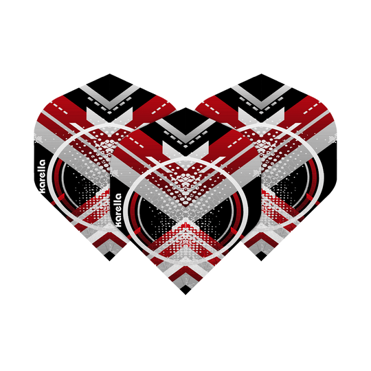 8032-10_Karella_XT-3_No2_Standard_Flights_16PxozAZoIipGn Das Bild zeigt drei Karella XT-3 No2 Standard Flights. Die Flights haben ein modernes Design in Schwarz, Rot, Weiß und Grau.