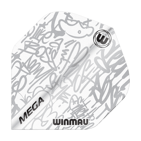 6900-243_Winmau_Mega_White_Standard_Flights_1NR1qZyPZMePPO Das Bild zeigt ein Winmau Mega White Standard Dartflight. Das Flight ist weiß mit grauen, abstrakten Graffiti-Mustern und trägt die Aufschriften "MEGA" und "WINMAU".