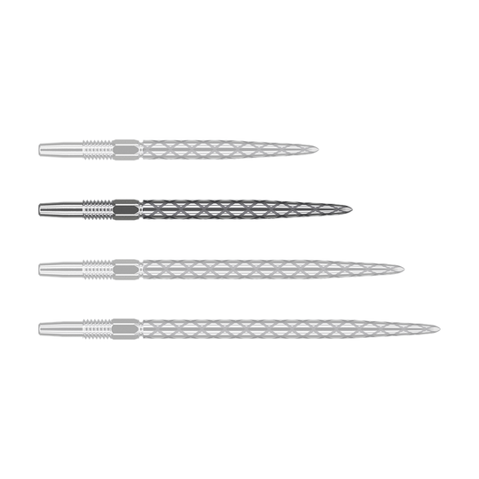 Target Swiss Diamond Pro Silver Points Dartspitzen Auf dem Bild sind vier silberne Dartspitzen in einer Reihe zu sehen. Sie haben ein markantes Rautenmuster auf der Oberfläche.