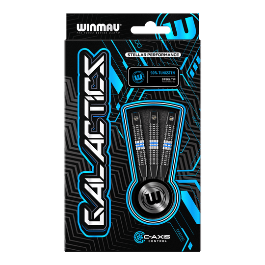 Winmau Galactics Steeldarts Das Bild zeigt die Verpackung der Winmau Galactics Steeldarts. In der Mitte sind drei Darts mit schwarzen und blauen Akzenten zu sehen.