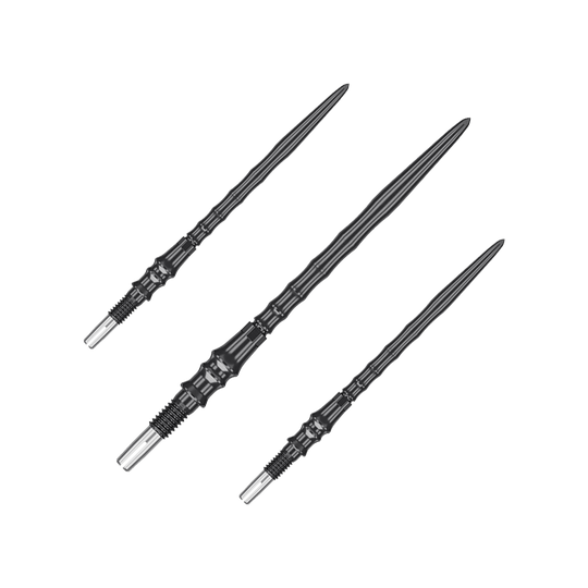 Das Bild zeigt ein Set von schwarzen Steeldartspitzen, SwissPoint, 40 mm von Target Japan Premium. Mehrere Spitzen sind nebeneinander angeordnet.
