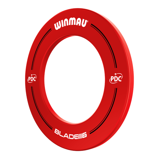 Marco para diana Winmau PDC - Rojo Das Bild zeigt einen roten Winmau PDC Dartboard Surround. Auf dem Ring stehen die Wörter "Winmau", "PDC" und "Blade 6".