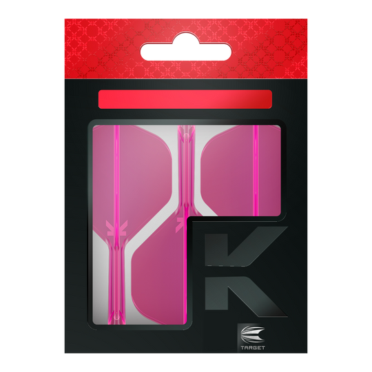 Target K-Flex No2 Standard Flight System - Rosa neon Das Bild zeigt eine Packung mit pinkfarbenen Dart-Flights der Marke Target. Die Verpackung ist überwiegend schwarz mit einem roten oberen Abschnitt.