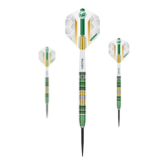 Freccette in acciaio Winmau Xenon Das Bild zeigt drei Winmau Xenon Steeldarts mit weiß-grünen Flights und gestreiften Schäften. Die Darts haben goldene, grüne und silberne Akzente.