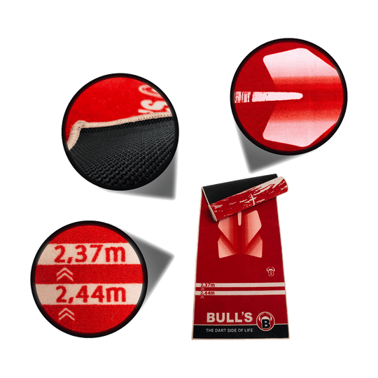 67806_Bulls_Dartteppich_180_Red_2 Das Bild zeigt den roten "Bulls Carpet-Mat Teppich 180" mit verschiedenen Detailansichten. Auf dem Teppich sind Markierungen und ein großes Pfeildesign zu sehen.