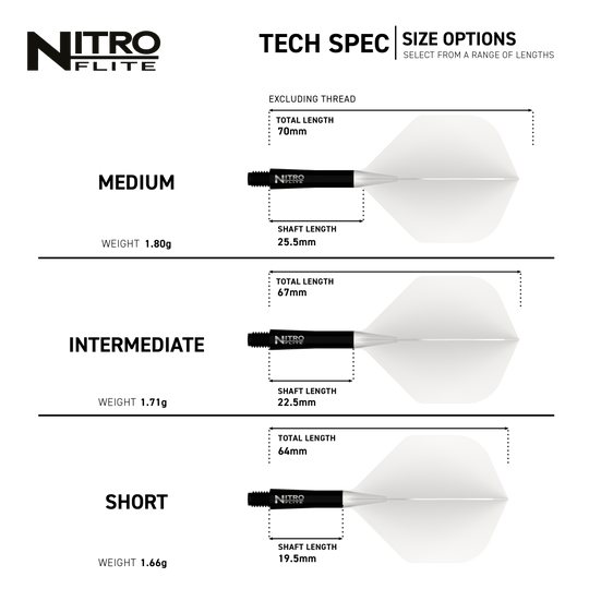 Red Dragon Nitro Flite Solid White and Black Short Hier sieht man das Produkt Red Dragon Nitroflite Black Shaft White Flights No2. Diese Dart-Zubehörteile haben einen schwarzen Schaft und weiße Flights.
