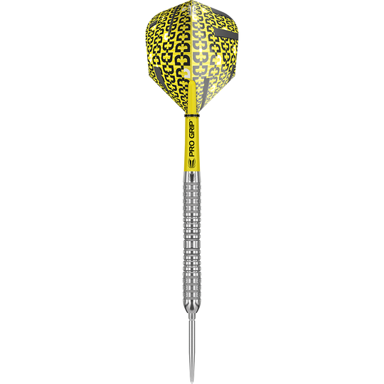 190060_Target_Bolide_04_Swiss_Point_Steeldarts_1LCLvBZnjl5NJI Das Bild zeigt einen Target Bolide 04 Swiss Point Steeldart. Der Dart hat einen gelb-schwarzen Flight und einen silbernen, geriffelten Schaft.