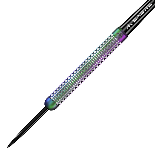 Mission Aurora Coral PVD steel darts - 23g Das Bild zeigt einen Mission Aurora Coral PVD Steeldart mit einem Gewicht von 23g. Der Dart hat eine bunte, glänzende Oberfläche und ist mit feinen Rillen versehen.