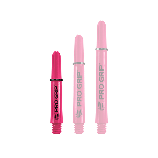 Target Pro Grip Shafts - 3 Sets - Pink Auf dem Bild sind drei pinkfarbene Pro Grip Shafts in unterschiedlichen Längen zu sehen. Sie stehen nebeneinander auf weißem Hintergrund.