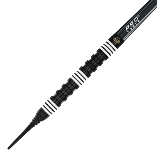 Winmau Danny Noppert 85 Pro-Series soft darts - 20g Das Bild zeigt einen Winmau Danny Noppert 85 Pro-Series Softdart mit einem Gewicht von 20g. Der Dart ist schwarz mit mehreren weißen Ringen und hat eine strukturierte Griffzone.