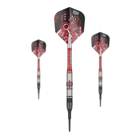 Šipky DW Piranha Razor 02 Softdarts Das Bild zeigt drei Softdarts des Produkts „DW Piranha Razor 02“. Die Darts haben ein schwarzes und rotes Design mit metallischen Elementen.