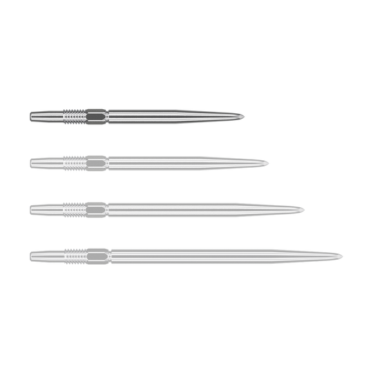 Końcówki do lotek Target Swiss Point Silver Das Bild zeigt vier silberne Dartspitzen, die nebeneinander liegen. Jede Spitze hat ein geriffeltes Ende und ist schlank und spitz zulaufend.