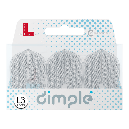 Das Bild zeigt eine Verpackung mit drei L-Style Flights Dimple im L3PRO Shape. Die Verpackung ist weiß mit blauen Punkten und trägt den Schriftzug "dimple".