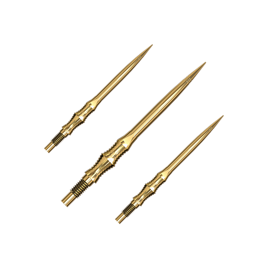 Harrows Quick Point Apex Spire Elite Series Dartspitzen - Gold Eine Packung Apex Spire Gold Elite Series Dartspitzen wird gezeigt. Die Spitzen sind goldfarben.