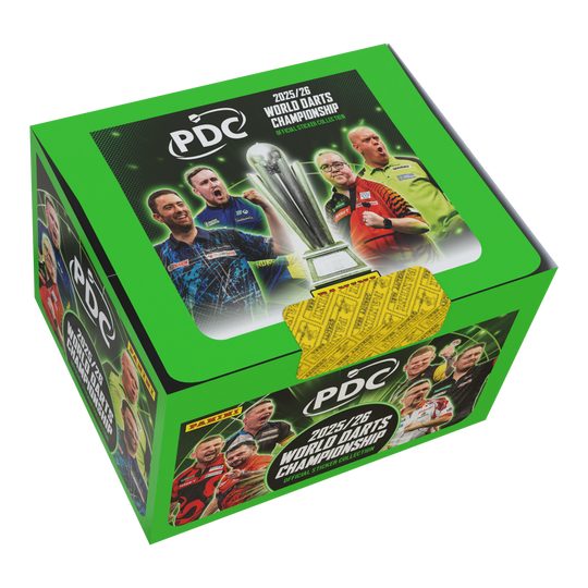 Panini PDC World Darts Championship 2025/26 - Stickerbox mit 65 Tüten Zu sehen ist die Panini PDC World Darts Championship 2025/26 Stickerbox mit 65 Tüten. Die Stickerbox enthält viele Tüten zum Tauschen und Kleben.