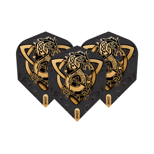 Vuelos de Shot Viking Wolf No. 6 Das Bild zeigt drei Dartflights des Produkts "Shot Viking Wolf No6 Flights". Sie sind schwarz mit einem goldenen, wikinger-inspirierten Wolfsmotiv verziert.
