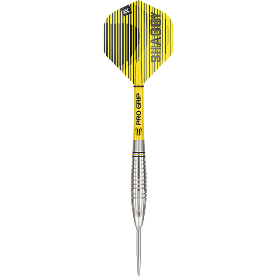 190222_Target_Scott_Williams_GEN1_Swiss_Point_Steeldarts_1DLTHZ0WEOF2KU Das Bild zeigt einen Target Scott Williams GEN1 Swiss Point Steeldart. Der Dart hat ein gelbes Flight mit schwarzen Streifen und einen silbernen, gerillten Barrel.