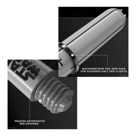 Násadky Target Star Wars ProGrip - šedé Gezeigt wird das Produkt Target Star Wars ProGrip Shafts - Grau. Die robusten Dartschäfte sind in Grau gehalten.