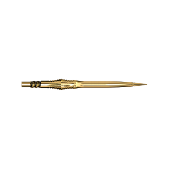 Spire Gold Elite Serie Dartspitzen in 35mm Länge sind abgebildet. Die Spitzen sind schmal und gold.