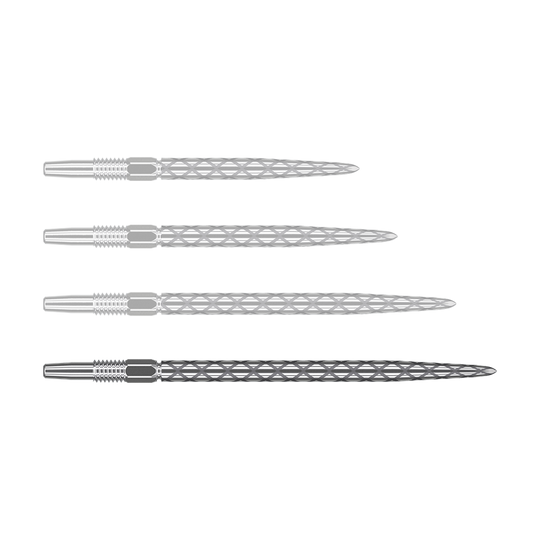 Target Swiss Diamond Pro Silver Points dart tips Auf dem Bild sind vier silberne Dartspitzen mit einem rautenförmigen Muster zu sehen. Sie liegen waagerecht und sind gleichmäßig angeordnet.