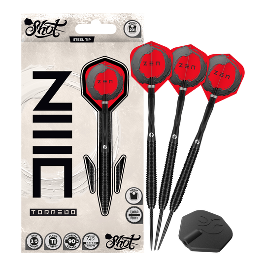 Shoty ZEN Torpedo Turbo Point Steel Darts - 23g Auf diesem Bild sieht man die Shot ZEN Torpedo Turbo Point Steeldarts mit 23g komplett. Das Design betont ihre hochwertige Verarbeitung.