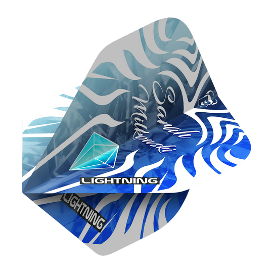 BL51231_Bulls_Lightning_Sarah_Milkowski_No2_Standard_Flights_2 Das Bild zeigt die Bulls Lightning Sarah Milkowski No2 Standard Flights. Die Flights haben ein blau-weißes Zebramuster mit dem Schriftzug „Sarah Milkowski“ und dem Wort „LIGHTNING“ darauf.