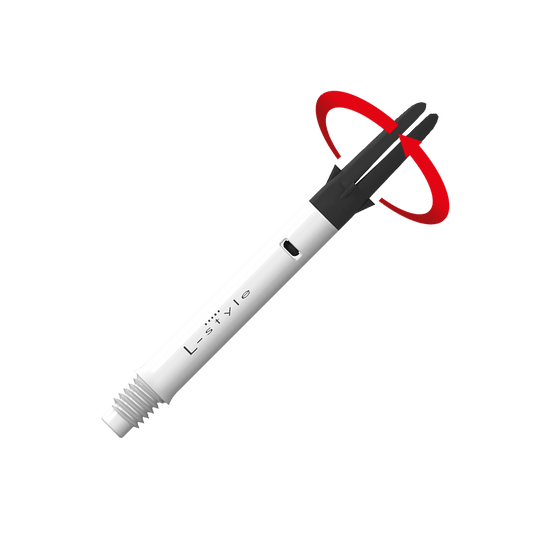 Wałek L-L-Style-Shaft Carbon Silent Straight - biały Dies ist ein weißer Carbon-Schaft für Dartpfeile der Marke L-Style. Der obere schwarze Teil kann sich drehen, wie durch den roten Pfeil angezeigt.