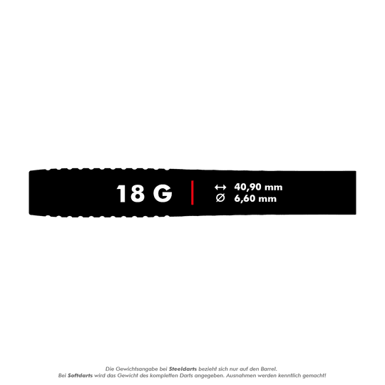 Měkké šipky Target Stephen Bunting GEN5 - 18g Das Bild zeigt die Produktdetails der "Target Stephen Bunting GEN5 Softdarts - 18g". Die Darts wiegen 18 Gramm, sind 40,90 mm lang und haben einen Durchmesser von 6,60 mm.