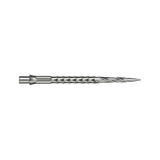 Caliburn System steel dart tips - Spiro - NoLip - silver Zwei silberne Steeldartspitzen im Spiro NoLip Design sind zu sehen. Sie sind 36 mm lang und liegen nebeneinander.