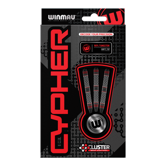 Dardos blandos Winmau Cypher - 20 g Die Abbildung zeigt die Verpackung der Winmau Cypher Softdarts mit 20 Gramm Gewicht. Die Darts bestehen zu 90% aus Wolfram und verfügen über spezielle Griffkontrolle.