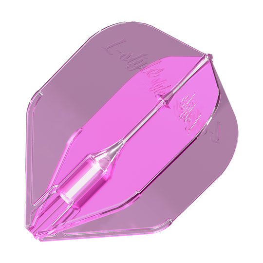 Plumas L-Style Fantom L3EZ Rosa Transparente Das Bild zeigt ein durchsichtiges, pinkes Dart-Flight mit der Aufschrift „L-style“. Es handelt sich um das Produkt „L-Style Fantom L3EZ Flights Clear Pink“.
