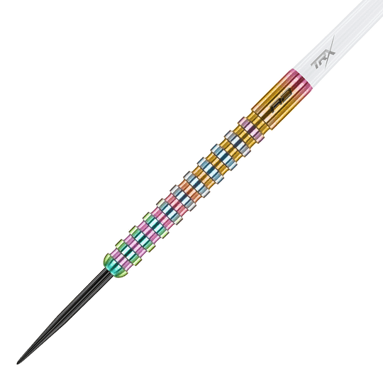 RD2514_Red_Dragon_Javelin_Spectron_Steeldarts_2 Dies ist ein bunter Steeldartpfeil mit einem gerillten Griff. Die Farben wechseln sich in regelmäßigen Abständen entlang des Schafts ab.