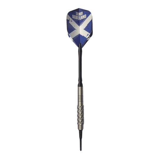 Dardos blandos McDart 85 Tungsten V4 - 16 g Der abgebildete Softdart ist der "McDart 85er Tungsten V4 Softdarts - 16g". Das Flight zeigt das Design der schottischen Flagge mit der Aufschrift "Team Scotland".
