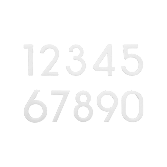 Numeri di ricambio per il bersaglio McDart Das Bild zeigt weiße Ersatznummern von 0 bis 9 für eine Dartscheibe. Die Zahlen sind nebeneinander in zwei Reihen angeordnet.