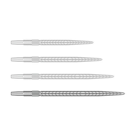 Target Swiss Point RVE Dartspitzen - Silber Das Bild zeigt vier silberne Dartspitzen mit eingraviertem Muster. Sie sind nebeneinander in einer horizontalen Reihe angeordnet.