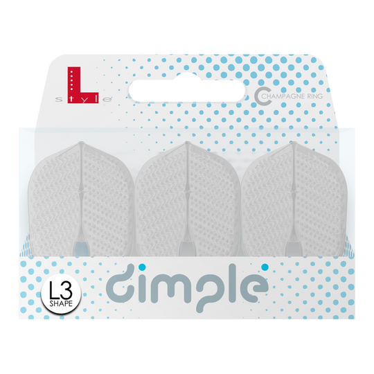 Das Bild zeigt eine Packung mit drei L-Style Flights Dimple Champagne L3PRO Shape. Die Verpackung ist weiß-blau und trägt den Schriftzug "dimple" sowie das L3 Shape-Logo.