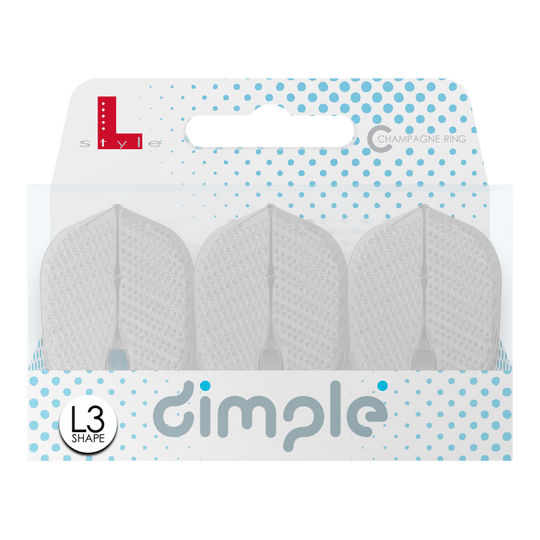 L-Style Flights Dimple Champagne L3PRO Shape Das Bild zeigt eine Packung mit drei L-Style Flights Dimple Champagne L3PRO Shape. Die Verpackung ist weiß-blau und trägt den Schriftzug "dimple" sowie das L3 Shape-Logo.